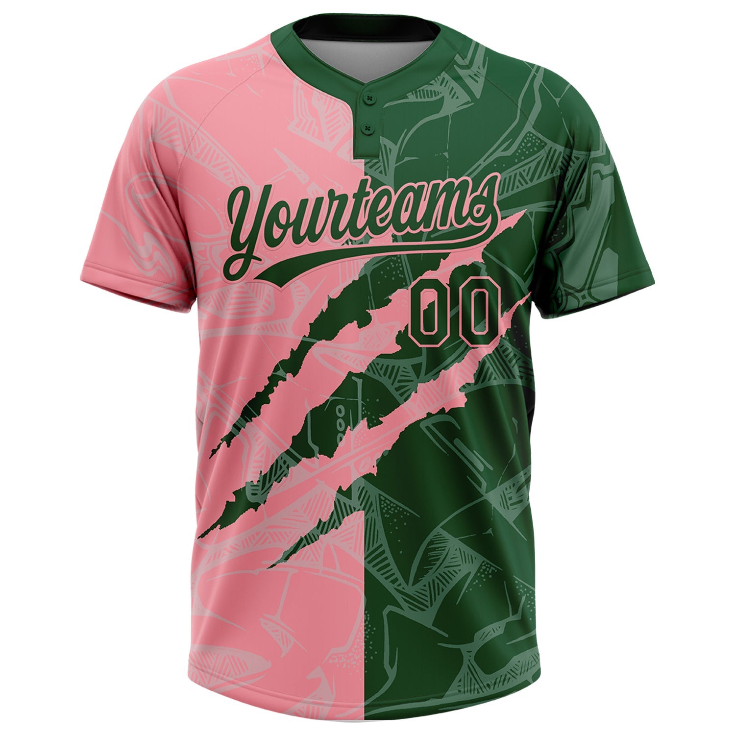 Custom Graffiti Pattern Green-Medium Pink 3D Scratch Two-Button Unisex Softball Jersey view 2
