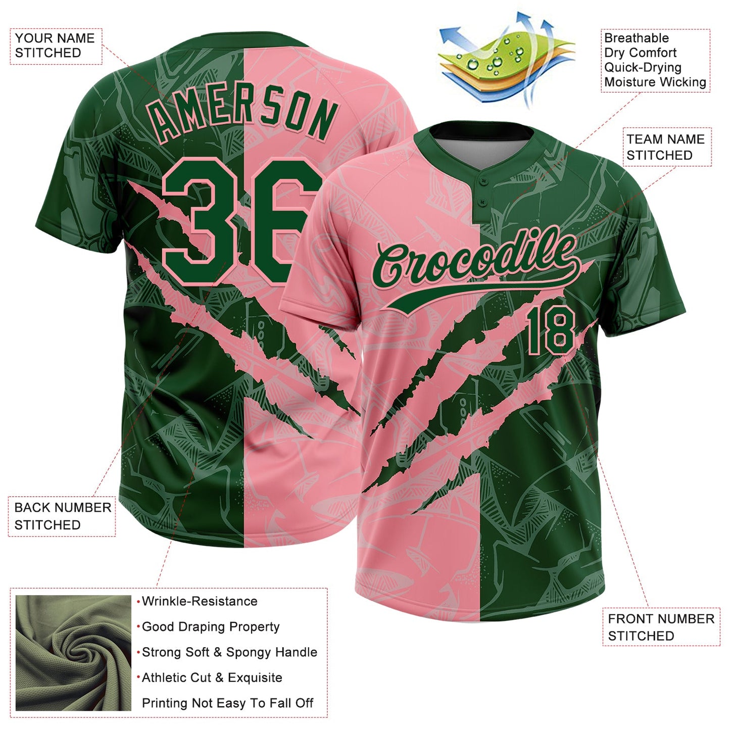 Custom Graffiti Pattern Green-Medium Pink 3D Scratch Two-Button Unisex Softball Jersey view 3
