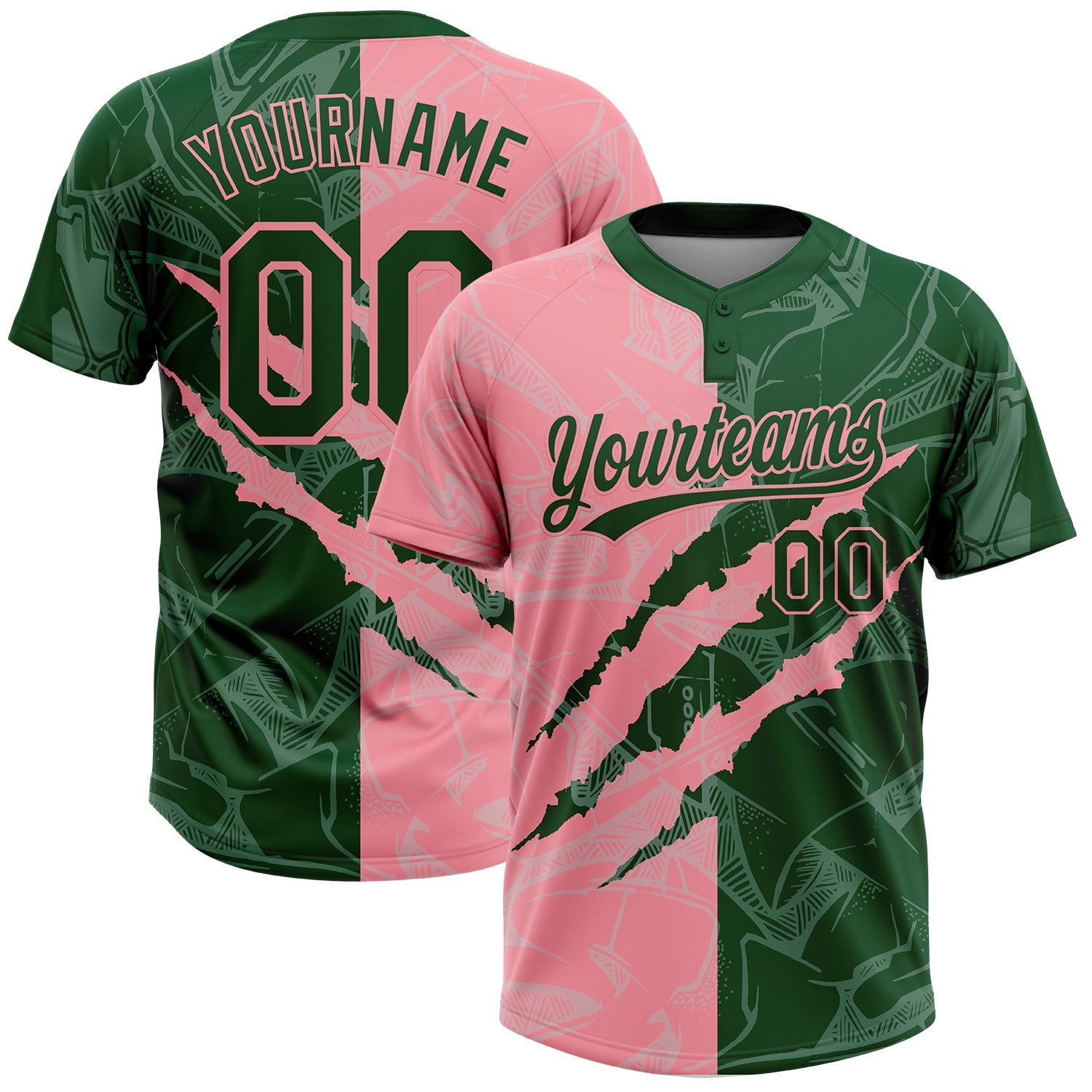 Custom Graffiti Pattern Green-Medium Pink 3D Scratch Two-Button Unisex Softball Jersey - Main View