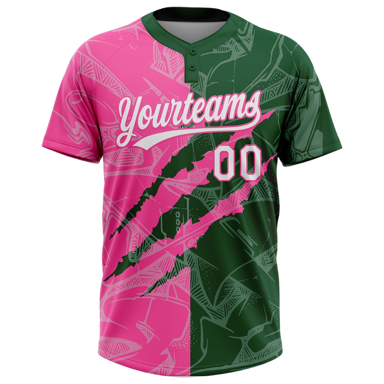 Custom Graffiti Pattern White Green-Pink 3D Scratch Two-Button Unisex Softball Jersey view 2