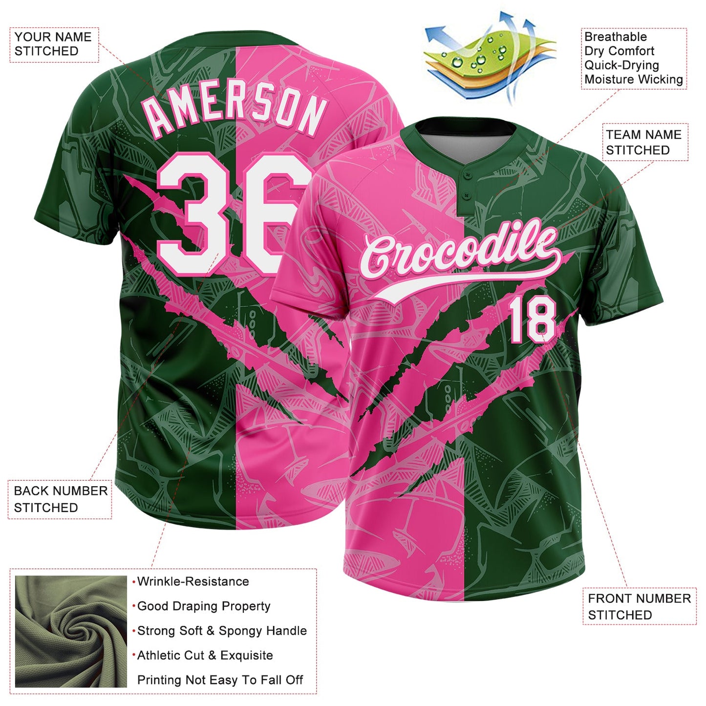 Custom Graffiti Pattern White Green-Pink 3D Scratch Two-Button Unisex Softball Jersey view 3