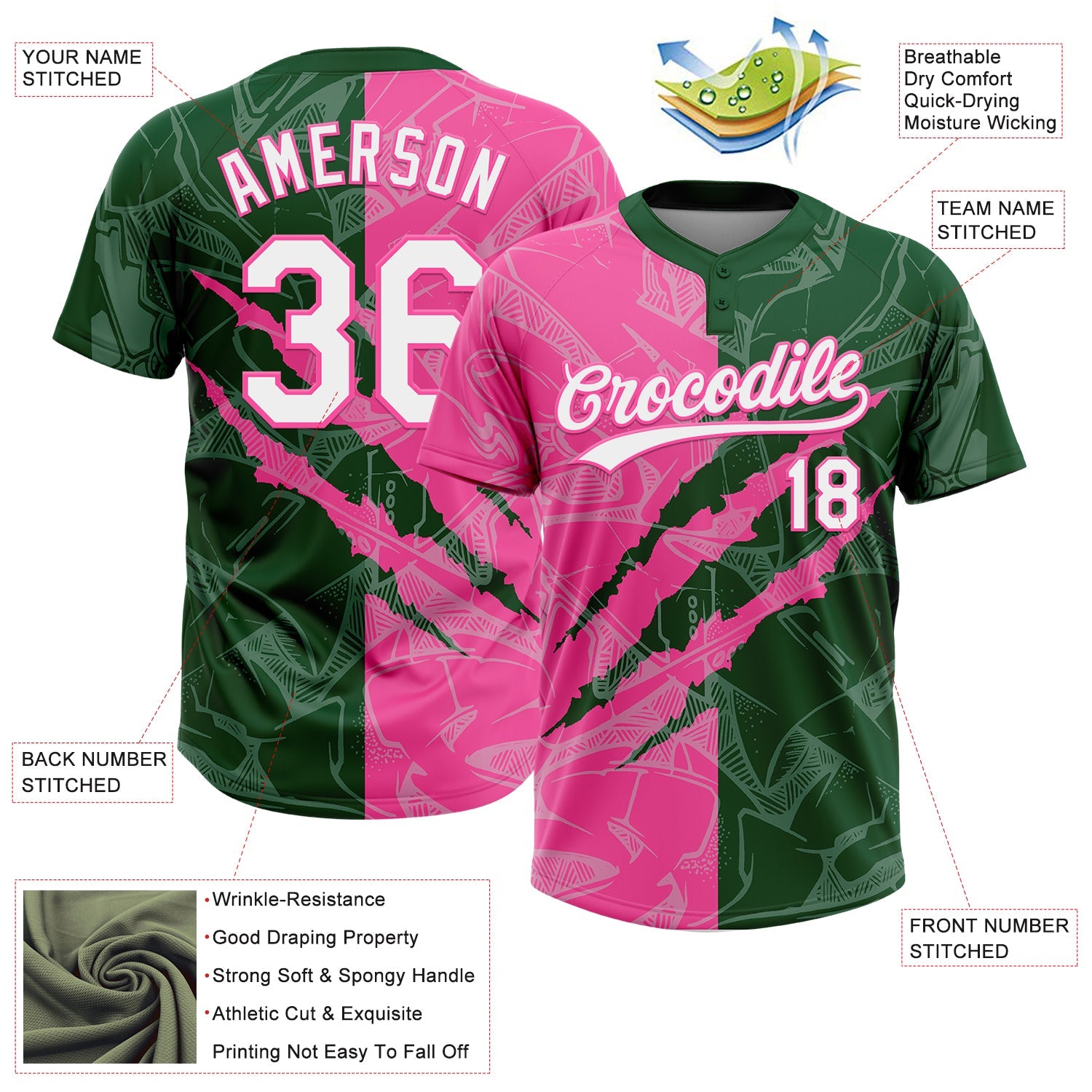 Custom Graffiti Pattern White Green-Pink 3D Scratch Two-Button Unisex Softball Jersey view 3