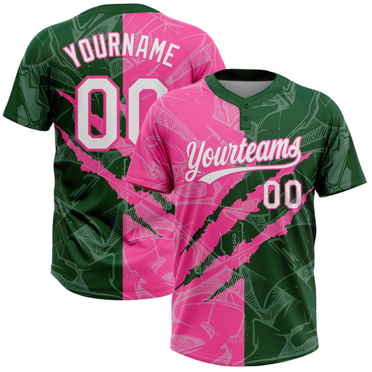Custom Graffiti Pattern White Green-Pink 3D Scratch Two-Button Unisex Softball Jersey - Main View