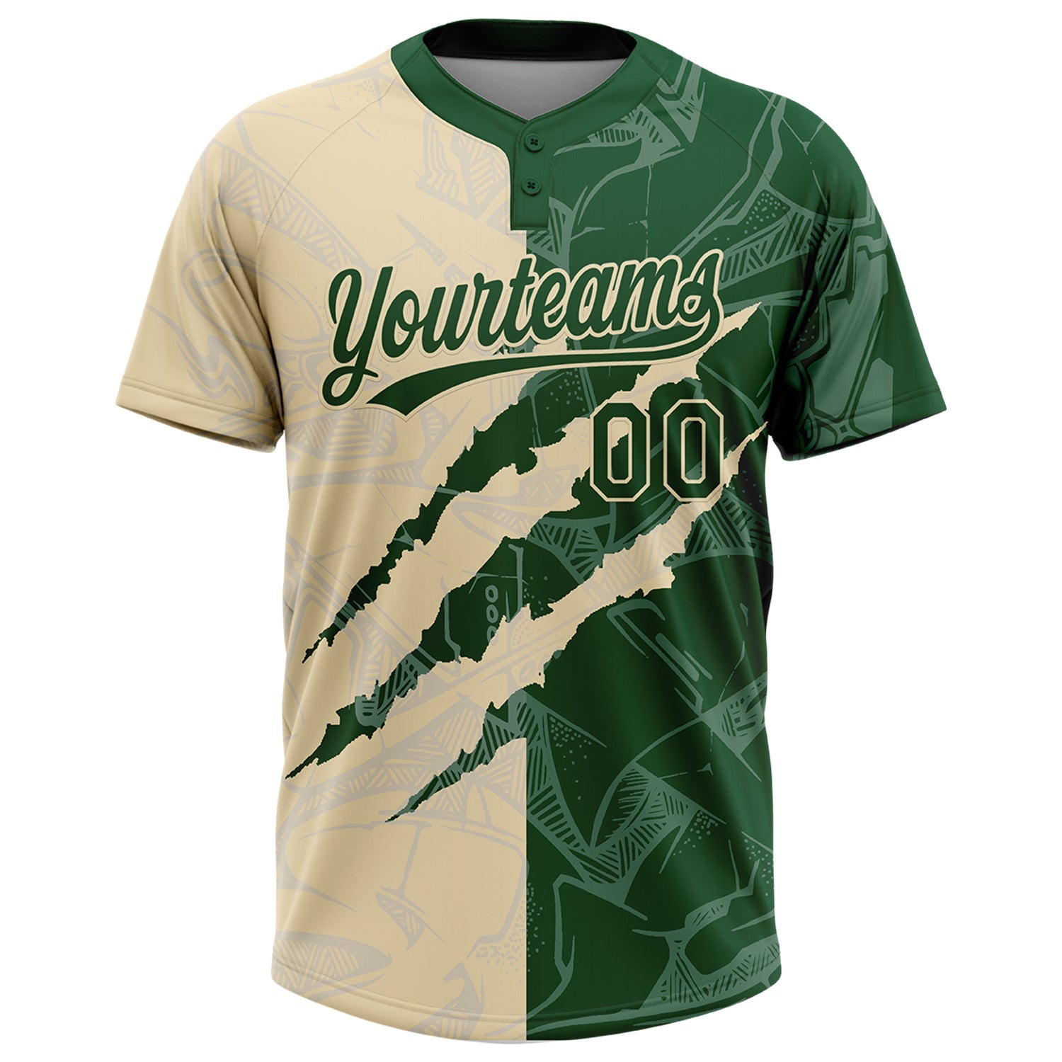 Custom Graffiti Pattern Green-Cream 3D Scratch Two-Button Unisex Softball Jersey view 2