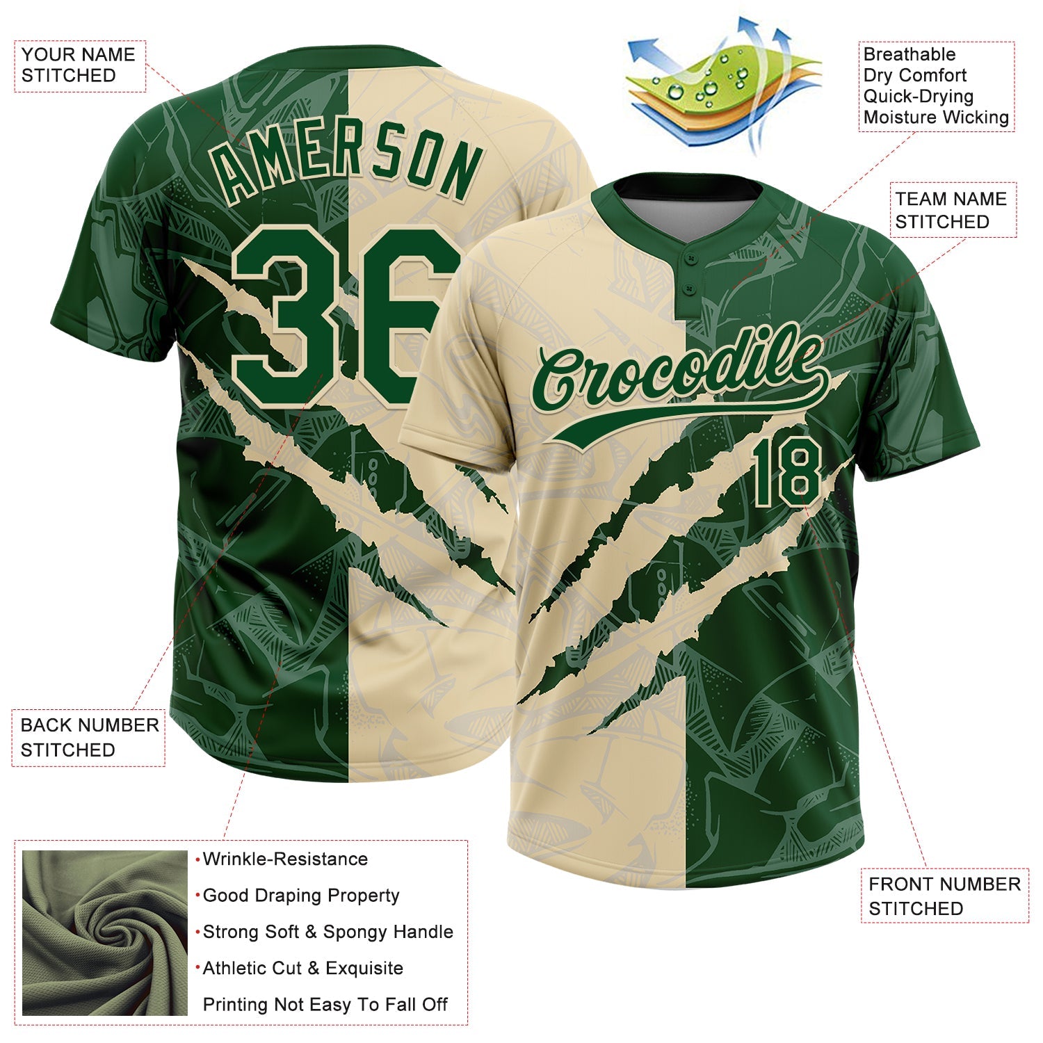 Custom Graffiti Pattern Green-Cream 3D Scratch Two-Button Unisex Softball Jersey view 3