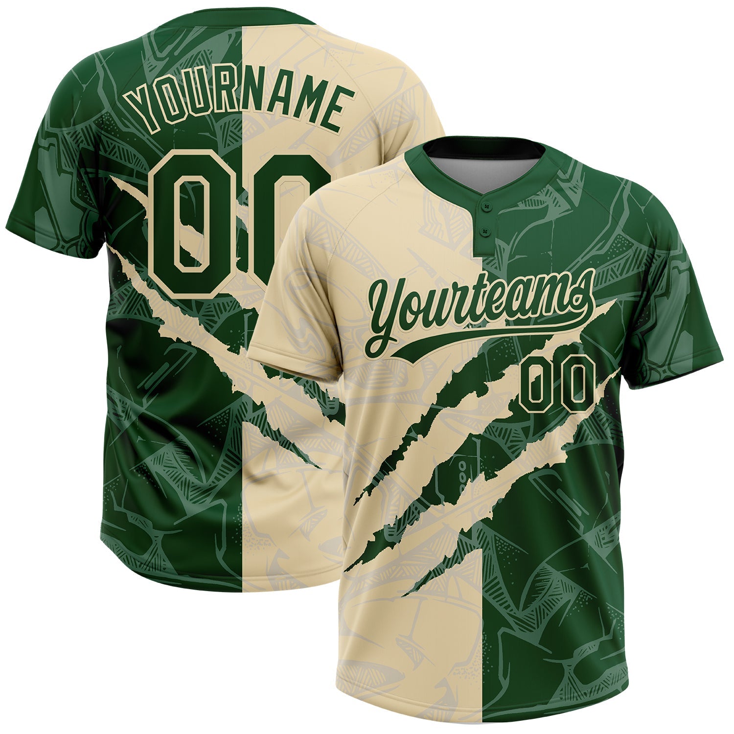 Custom Graffiti Pattern Green-Cream 3D Scratch Two-Button Unisex Softball Jersey - Main View