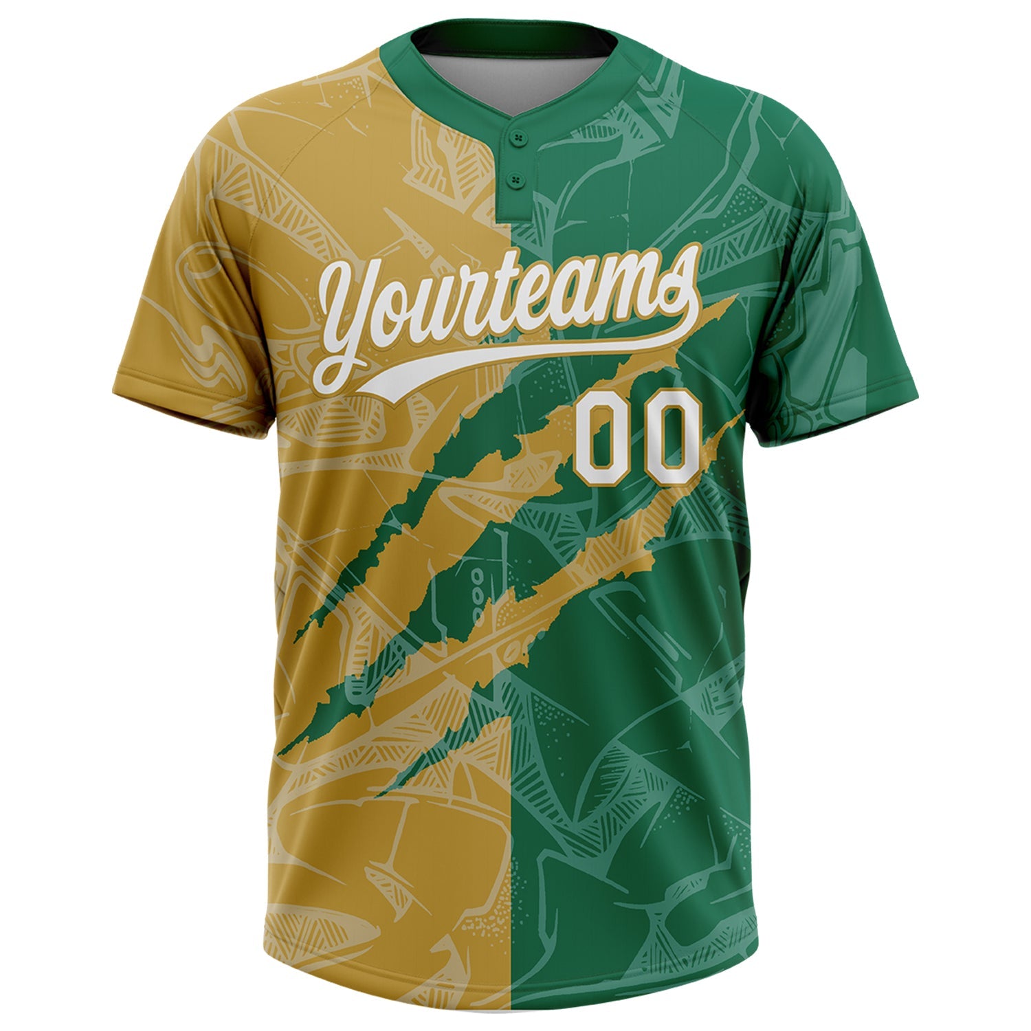 Custom Graffiti Pattern White Kelly Green-Old Gold 3D Scratch Two-Button Unisex Softball Jersey view 2