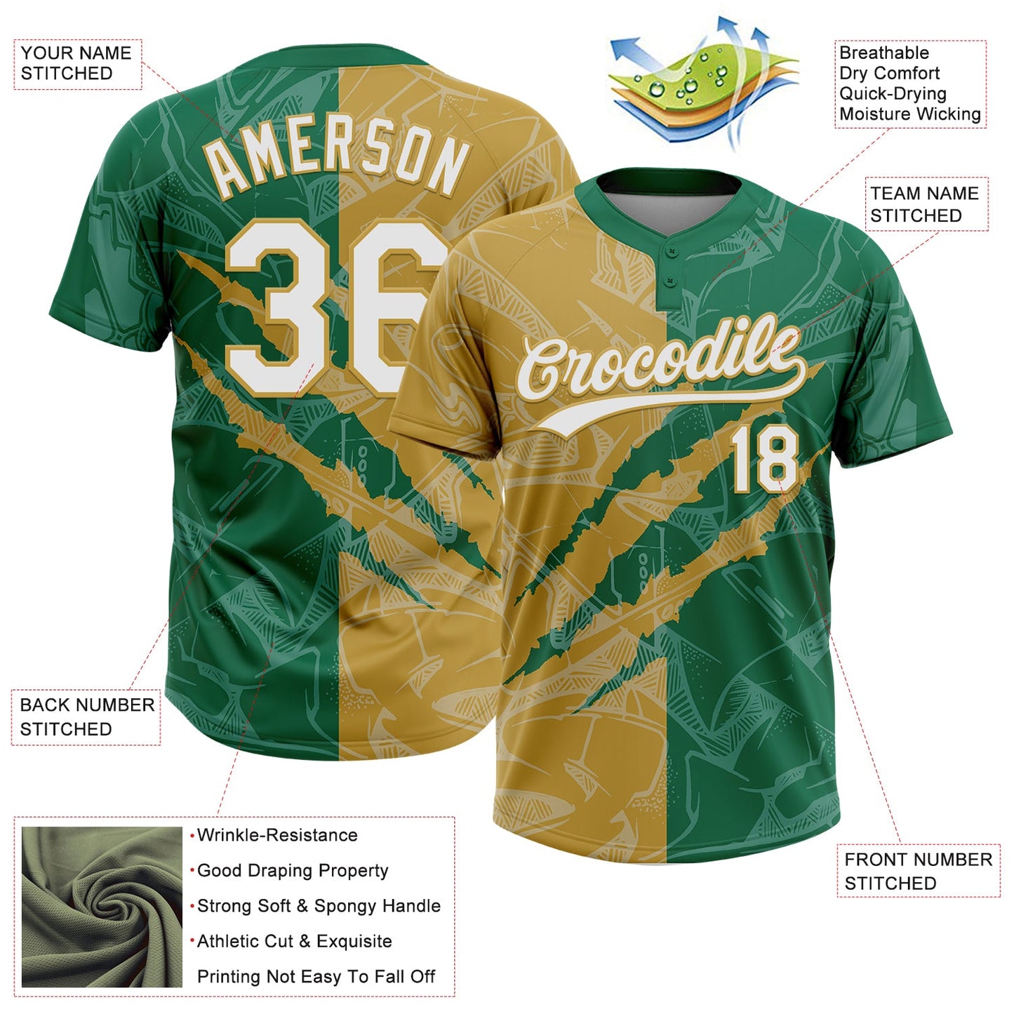 Custom Graffiti Pattern White Kelly Green-Old Gold 3D Scratch Two-Button Unisex Softball Jersey view 3
