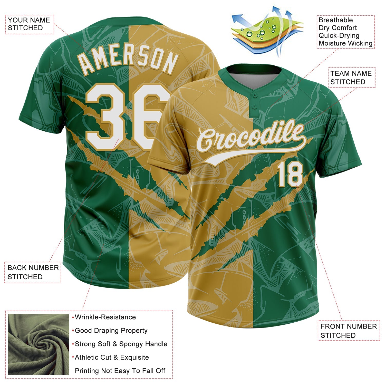Custom Graffiti Pattern White Kelly Green-Old Gold 3D Scratch Two-Button Unisex Softball Jersey view 3