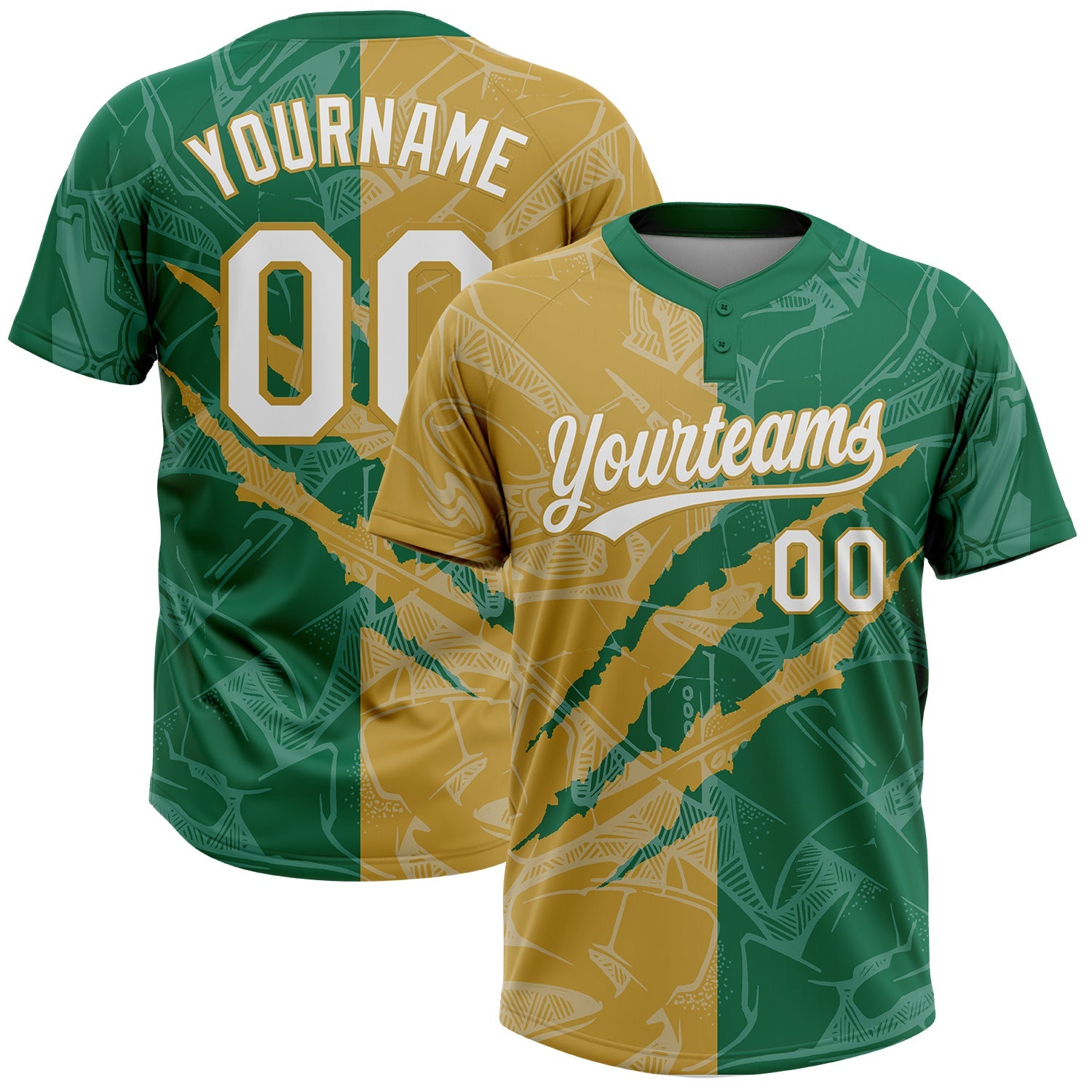 Custom Graffiti Pattern White Kelly Green-Old Gold 3D Scratch Two-Button Unisex Softball Jersey - Main View