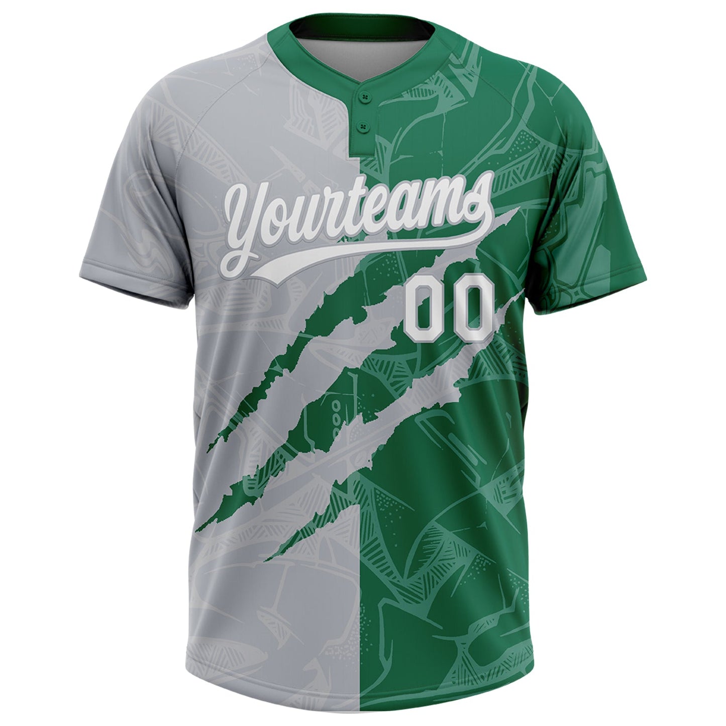 Custom Graffiti Pattern White Kelly Green-Gray 3D Scratch Two-Button Unisex Softball Jersey view 2