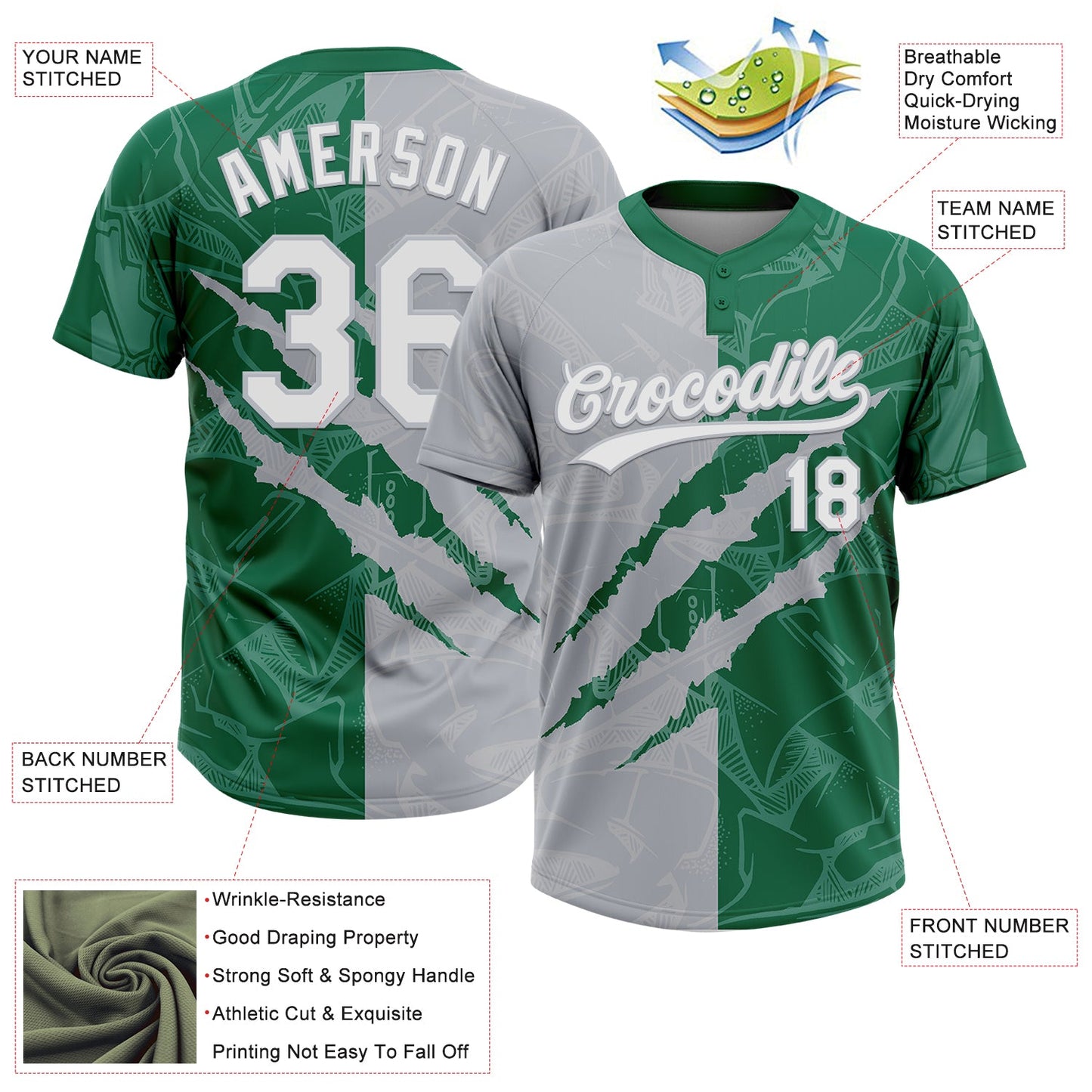 Custom Graffiti Pattern White Kelly Green-Gray 3D Scratch Two-Button Unisex Softball Jersey view 3