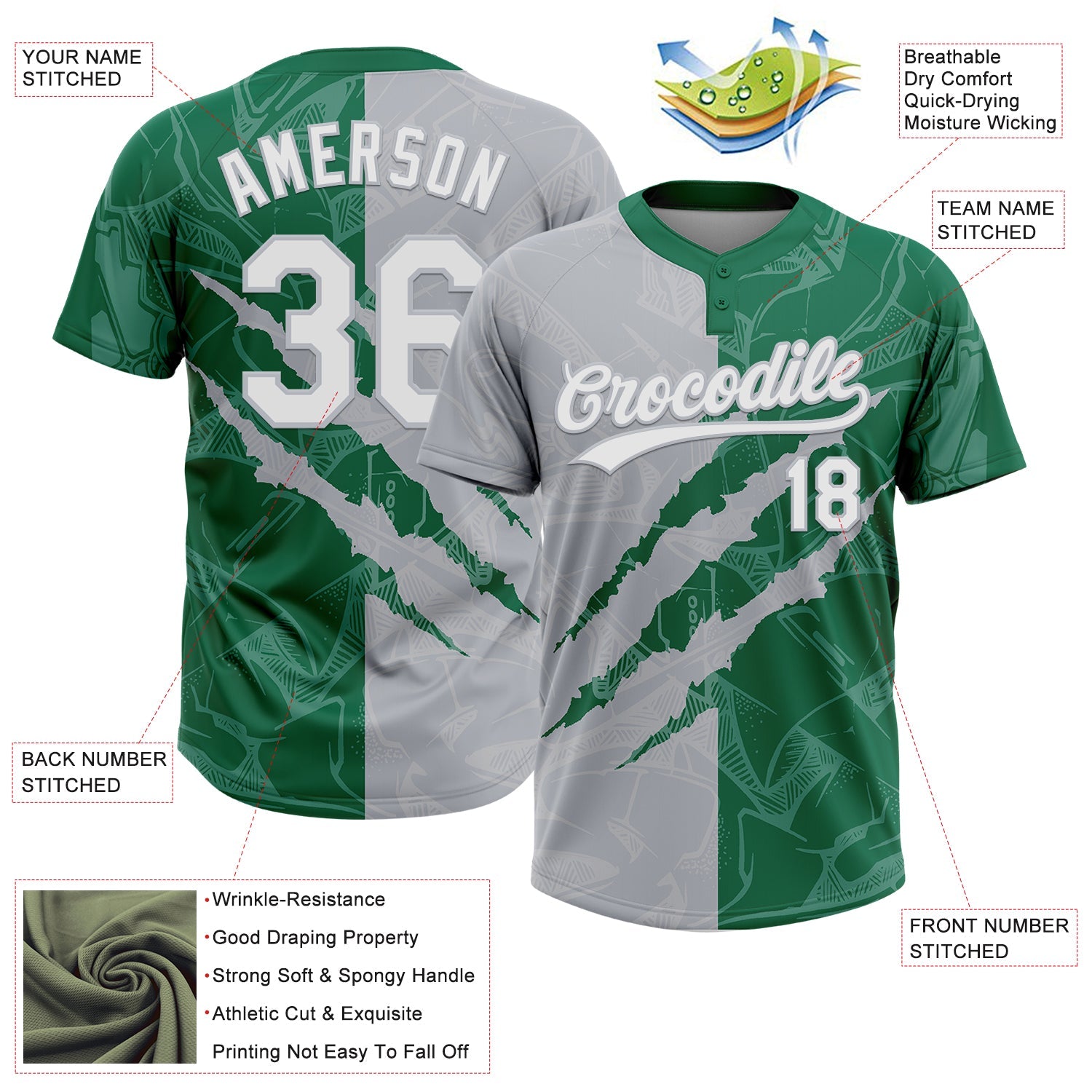Custom Graffiti Pattern White Kelly Green-Gray 3D Scratch Two-Button Unisex Softball Jersey view 3