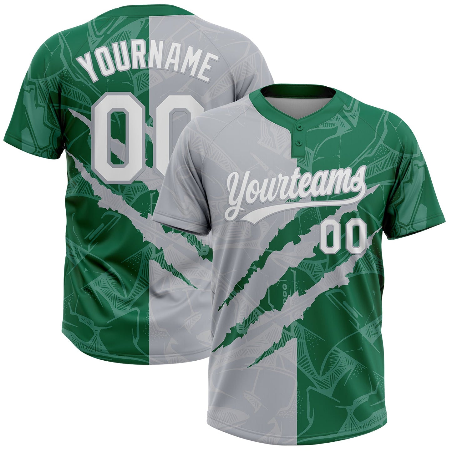 Custom Graffiti Pattern White Kelly Green-Gray 3D Scratch Two-Button Unisex Softball Jersey - Main View