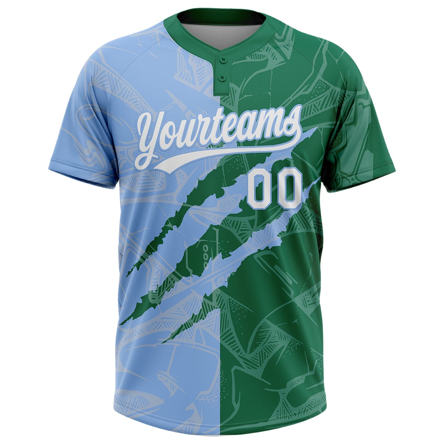 Custom Graffiti Pattern White Kelly Green-Light Blue 3D Scratch Two-Button Unisex Softball Jersey view 2
