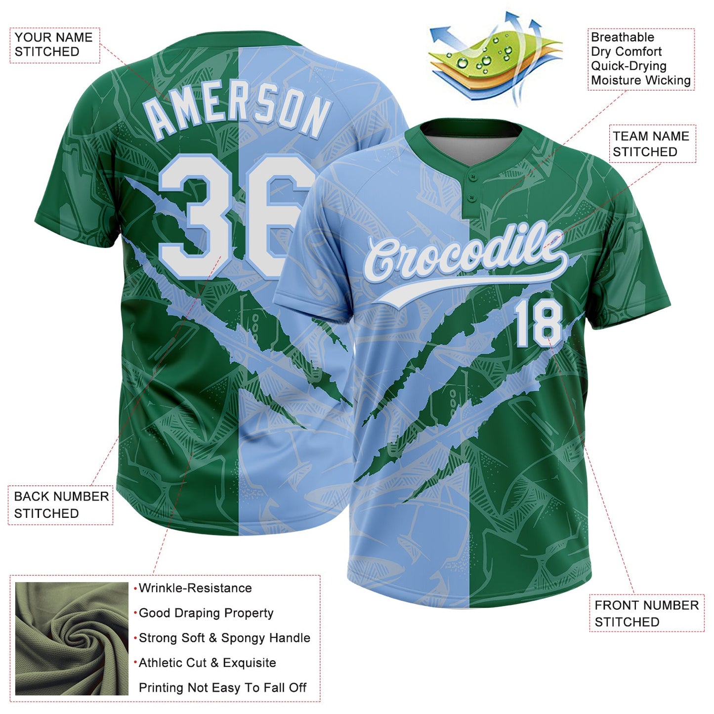 Custom Graffiti Pattern White Kelly Green-Light Blue 3D Scratch Two-Button Unisex Softball Jersey view 3