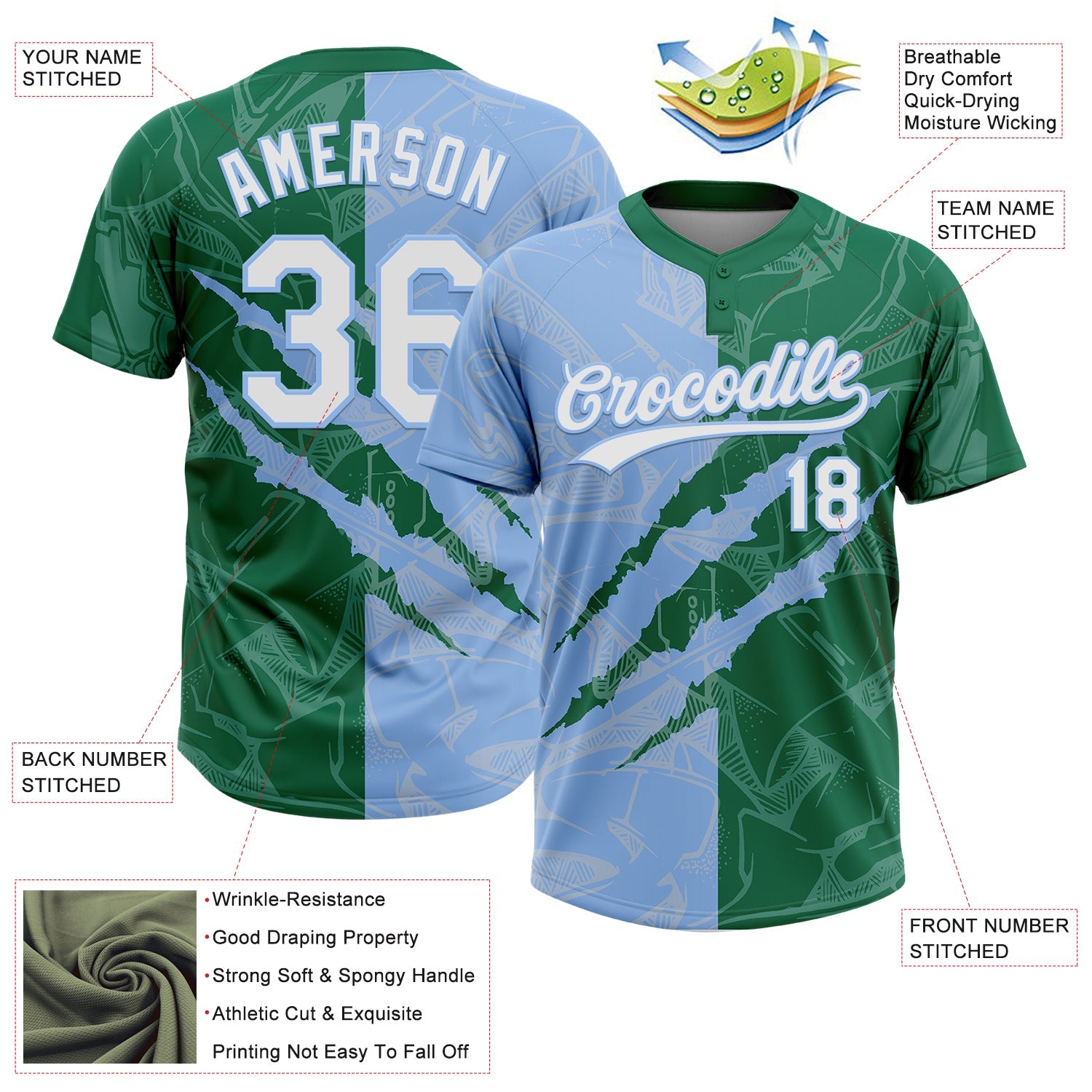 Custom Graffiti Pattern White Kelly Green-Light Blue 3D Scratch Two-Button Unisex Softball Jersey view 3