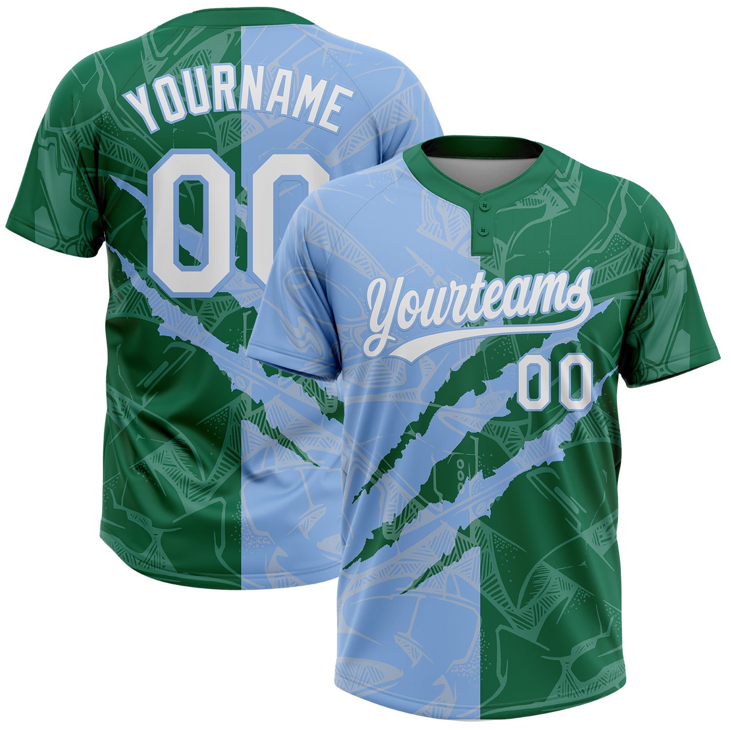 Custom Graffiti Pattern White Kelly Green-Light Blue 3D Scratch Two-Button Unisex Softball Jersey - Main View