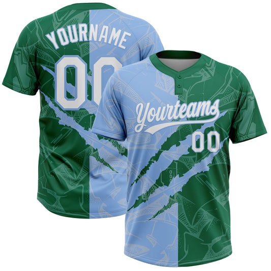 Custom Graffiti Pattern White Kelly Green-Light Blue 3D Scratch Two-Button Unisex Softball Jersey - Main View