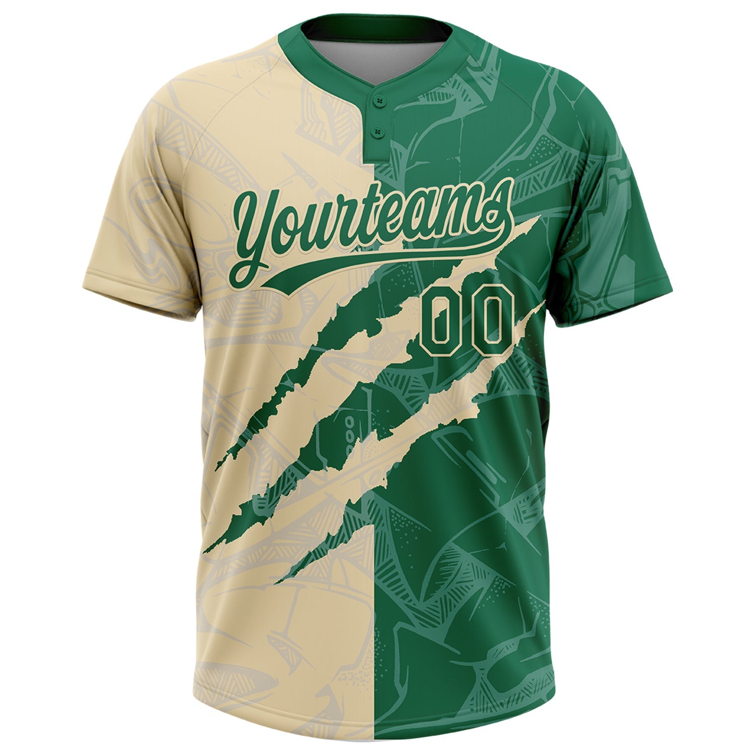 Custom Graffiti Pattern Kelly Green-Cream 3D Scratch Two-Button Unisex Softball Jersey view 2