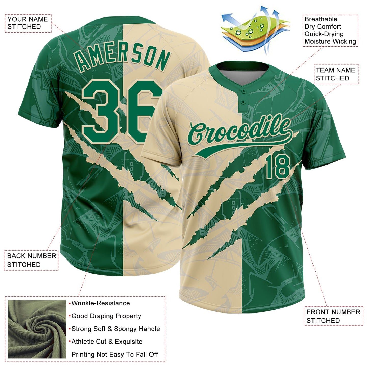 Custom Graffiti Pattern Kelly Green-Cream 3D Scratch Two-Button Unisex Softball Jersey view 3