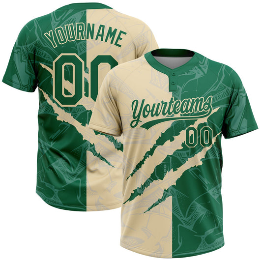Custom Graffiti Pattern Kelly Green-Cream 3D Scratch Two-Button Unisex Softball Jersey - Main View