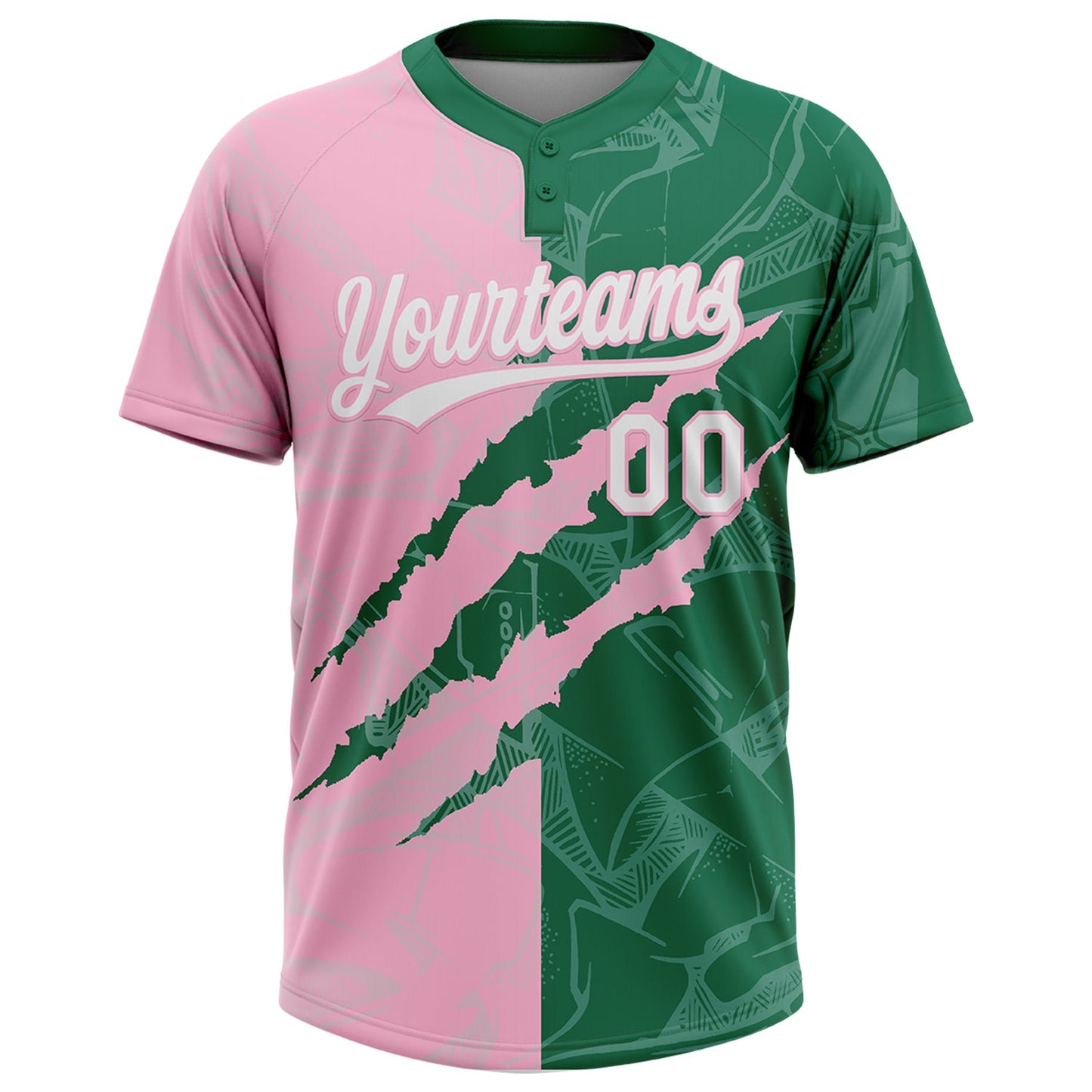 Custom Graffiti Pattern White Kelly Green-Light Pink 3D Scratch Two-Button Unisex Softball Jersey view 2