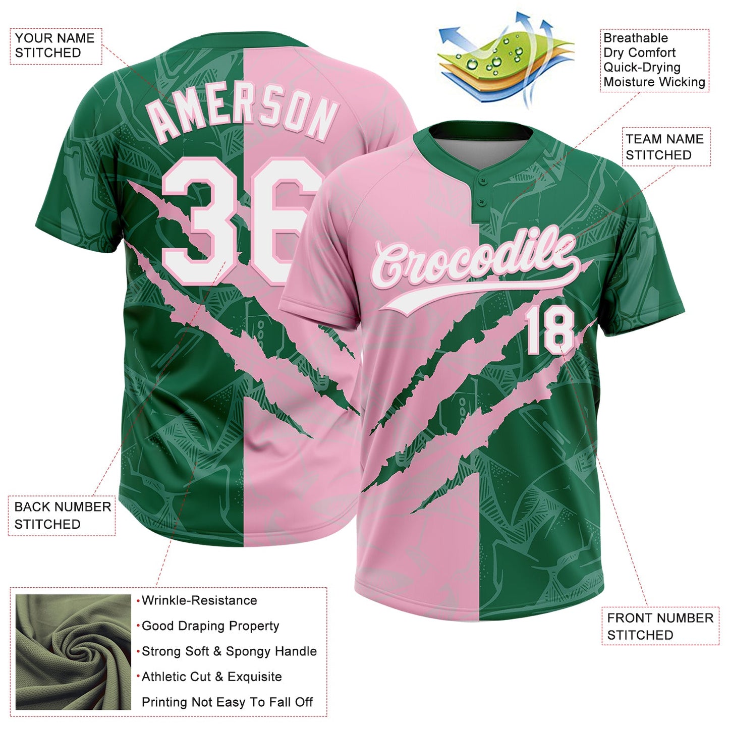 Custom Graffiti Pattern White Kelly Green-Light Pink 3D Scratch Two-Button Unisex Softball Jersey view 3