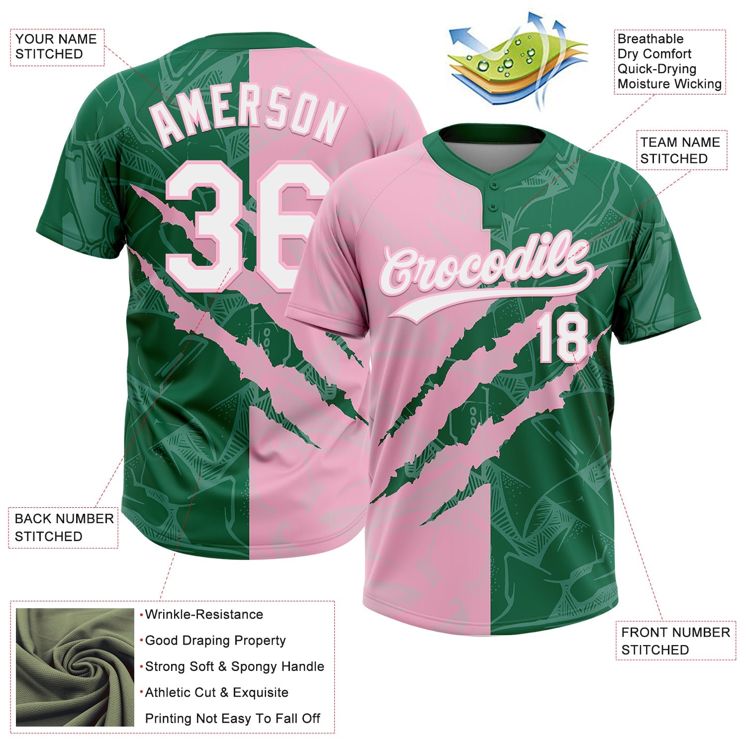 Custom Graffiti Pattern White Kelly Green-Light Pink 3D Scratch Two-Button Unisex Softball Jersey view 3