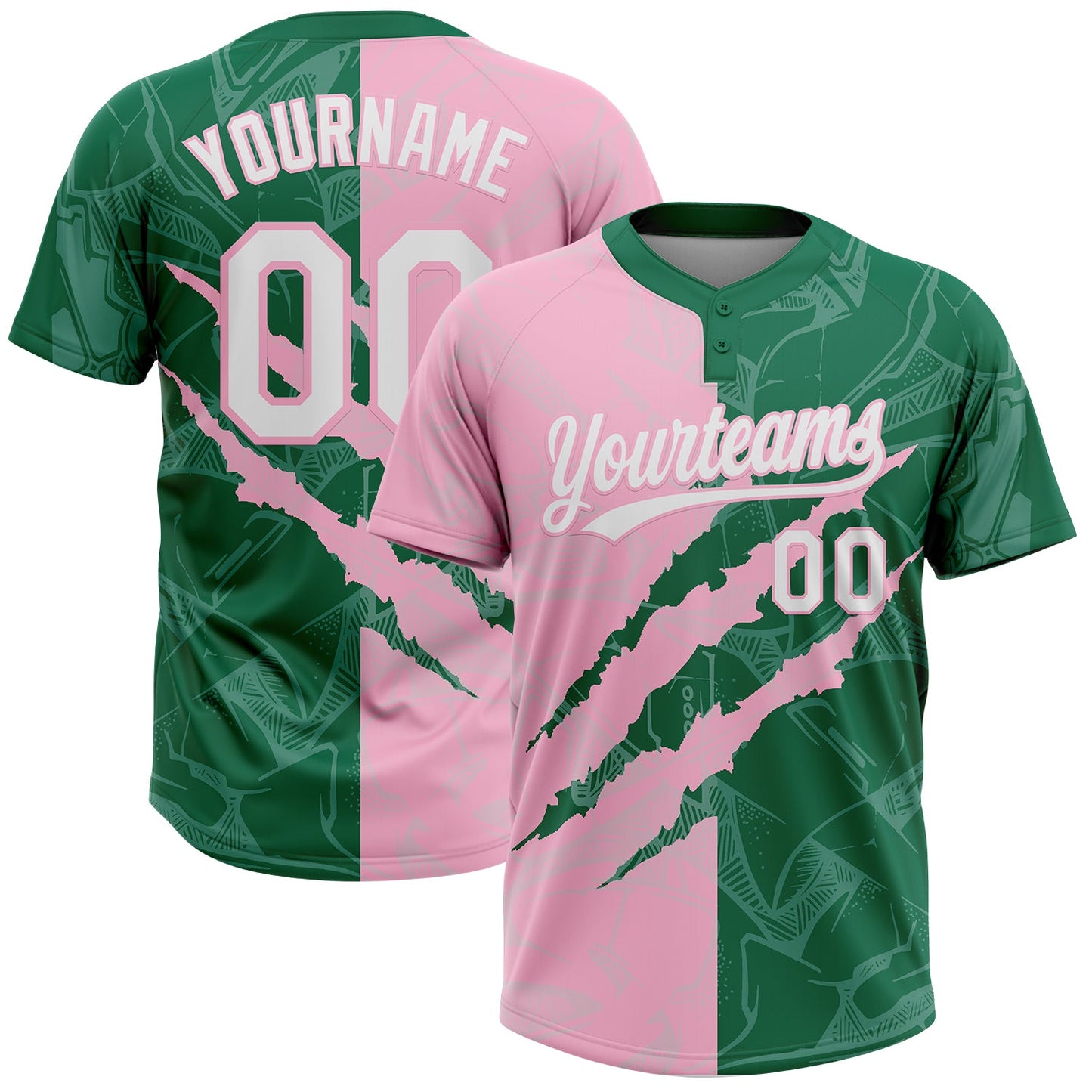 Custom Graffiti Pattern White Kelly Green-Light Pink 3D Scratch Two-Button Unisex Softball Jersey - Main View