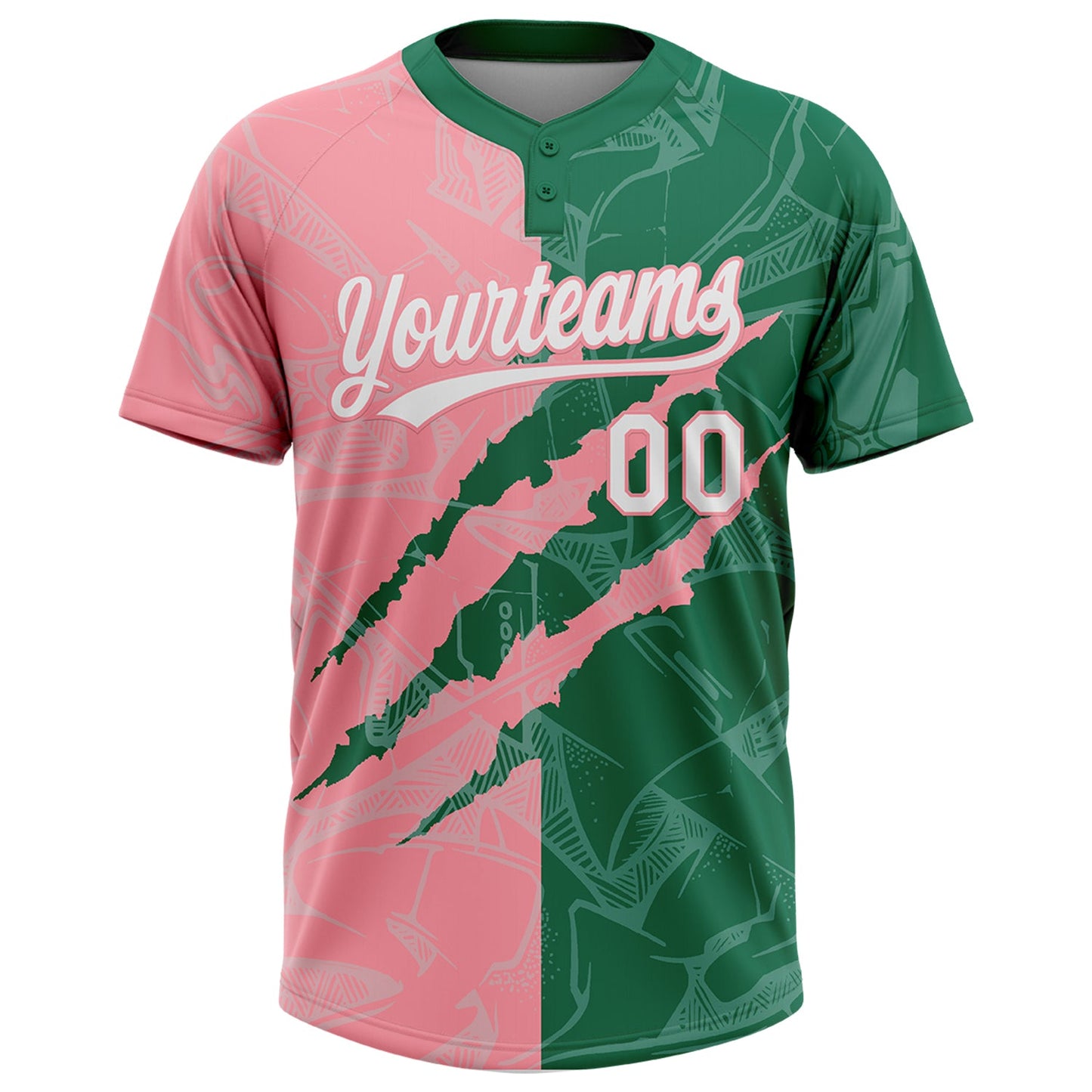 Custom Graffiti Pattern White Kelly Green-Medium Pink 3D Scratch Two-Button Unisex Softball Jersey view 2