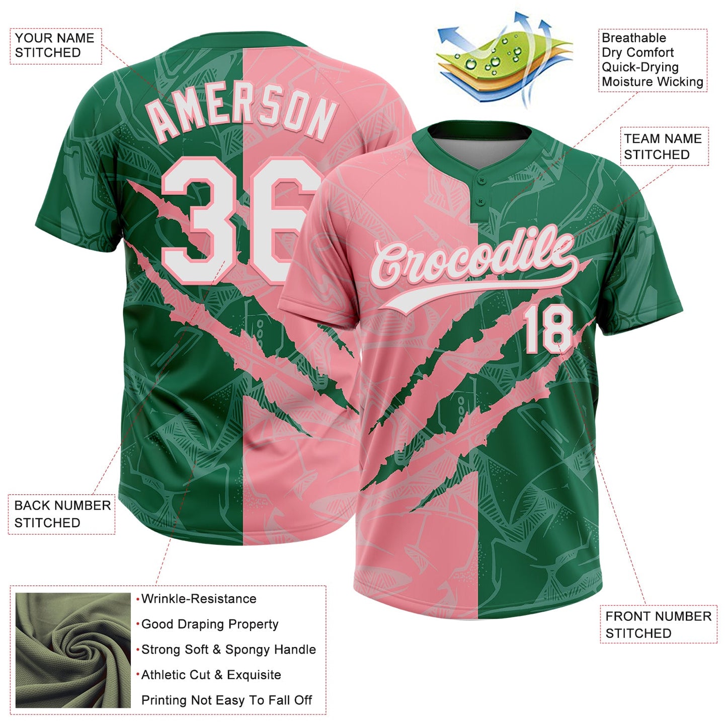 Custom Graffiti Pattern White Kelly Green-Medium Pink 3D Scratch Two-Button Unisex Softball Jersey view 3