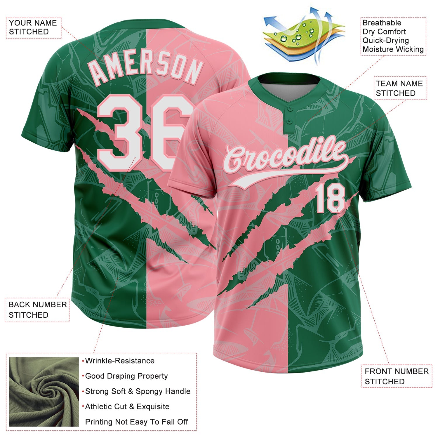 Custom Graffiti Pattern White Kelly Green-Medium Pink 3D Scratch Two-Button Unisex Softball Jersey view 3