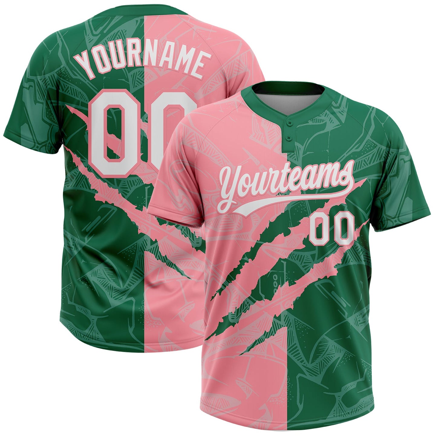 Custom Graffiti Pattern White Kelly Green-Medium Pink 3D Scratch Two-Button Unisex Softball Jersey - Main View