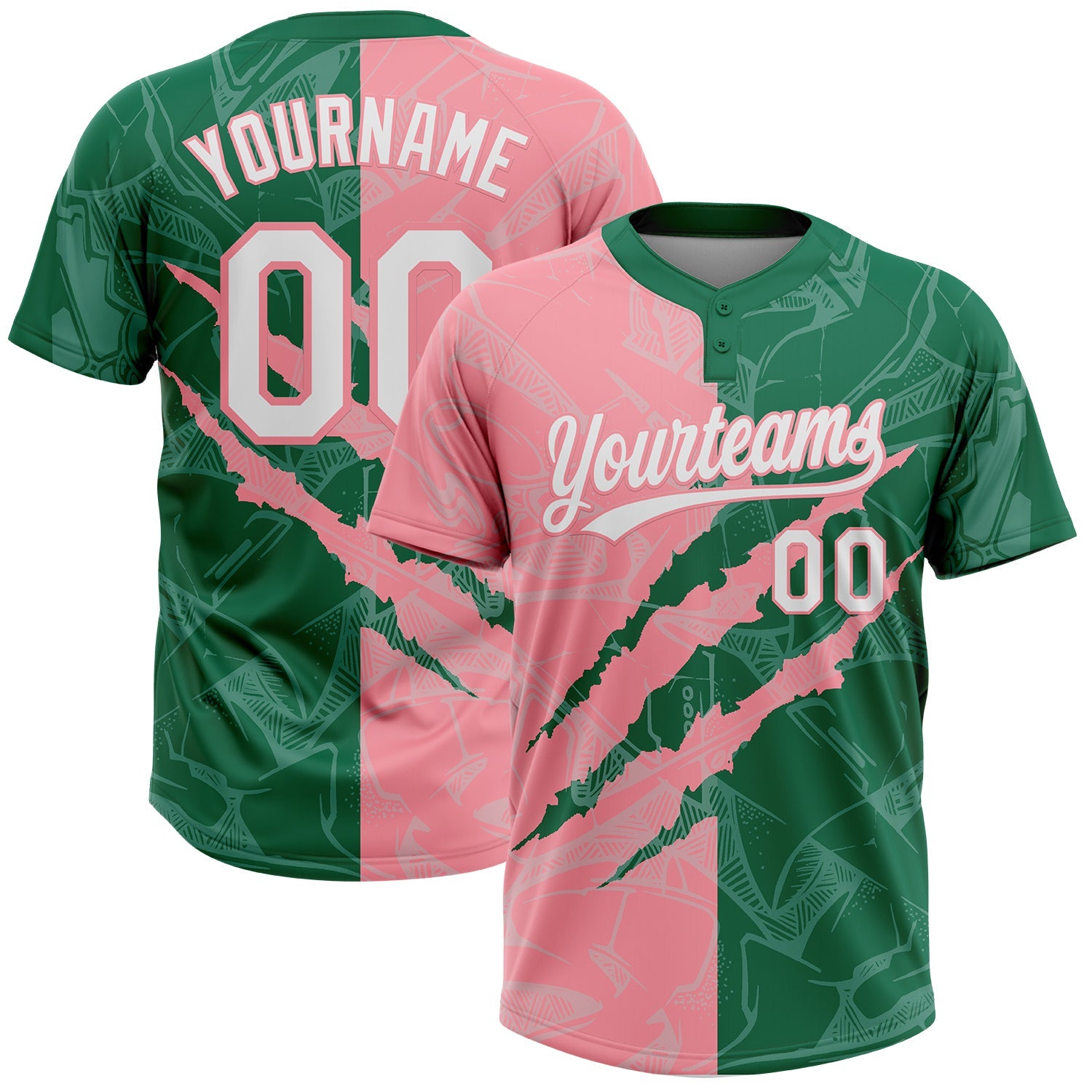 Custom Graffiti Pattern White Kelly Green-Medium Pink 3D Scratch Two-Button Unisex Softball Jersey - Main View