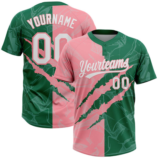Custom Graffiti Pattern White Kelly Green-Medium Pink 3D Scratch Two-Button Unisex Softball Jersey - Main View