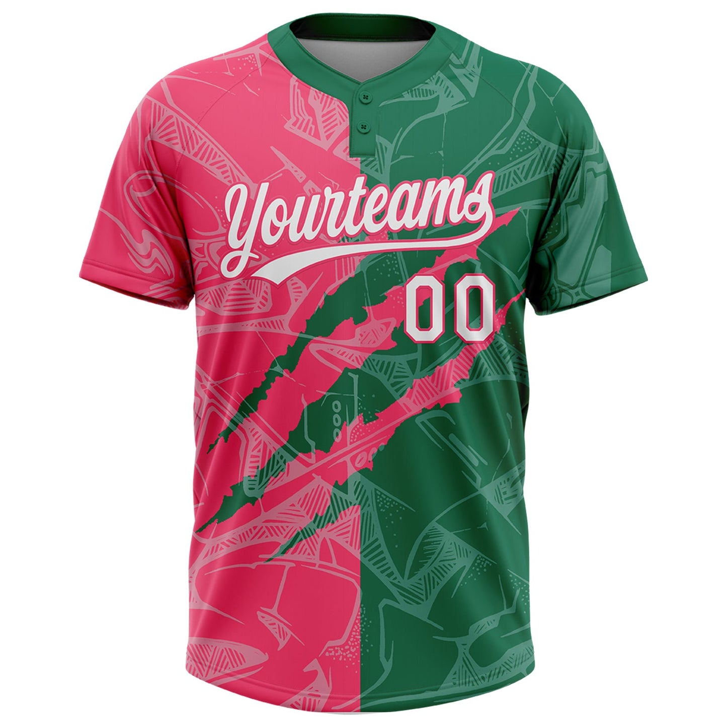 Custom Graffiti Pattern White Kelly Green-Neon Pink 3D Scratch Two-Button Unisex Softball Jersey view 2