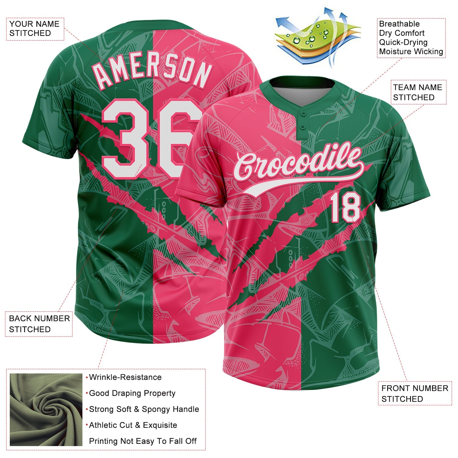 Custom Graffiti Pattern White Kelly Green-Neon Pink 3D Scratch Two-Button Unisex Softball Jersey view 3