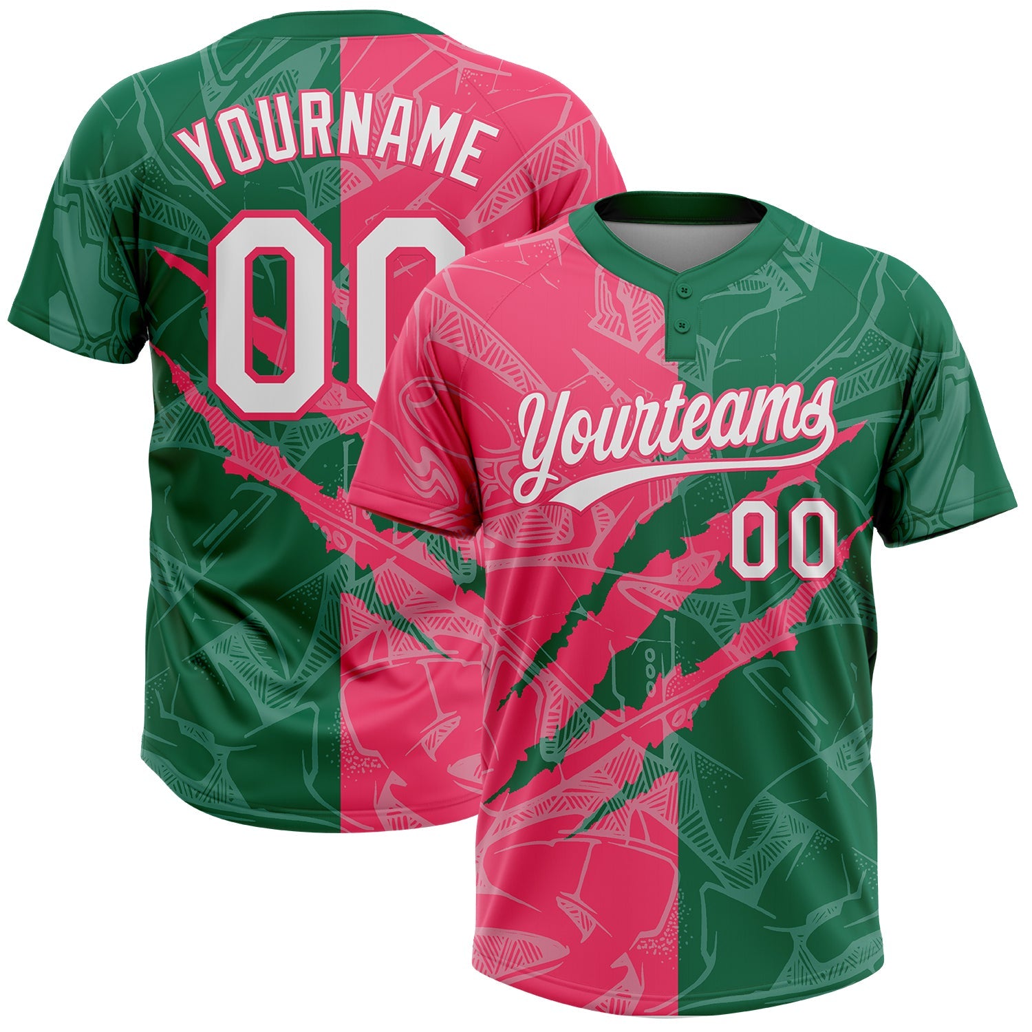 Custom Graffiti Pattern White Kelly Green-Neon Pink 3D Scratch Two-Button Unisex Softball Jersey - Main View