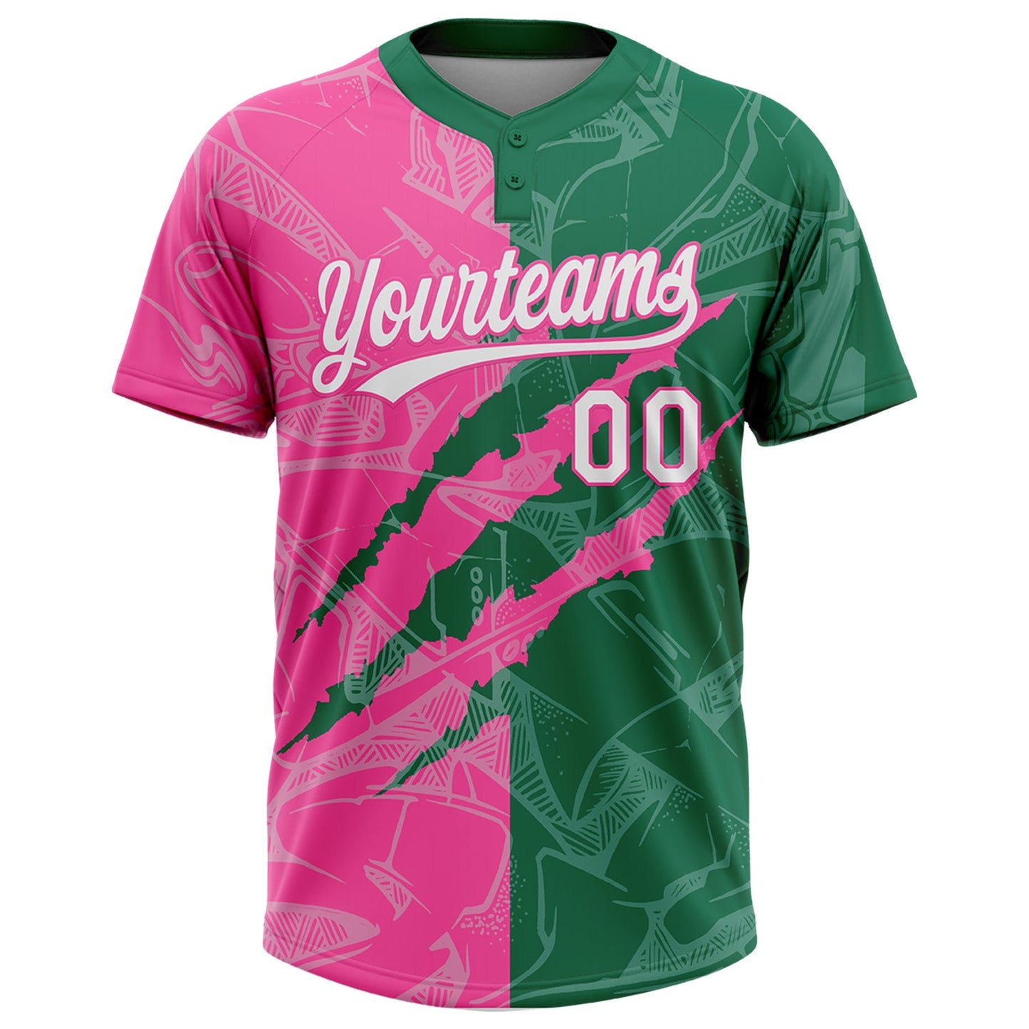 Custom Graffiti Pattern White Kelly Green-Pink 3D Scratch Two-Button Unisex Softball Jersey view 2