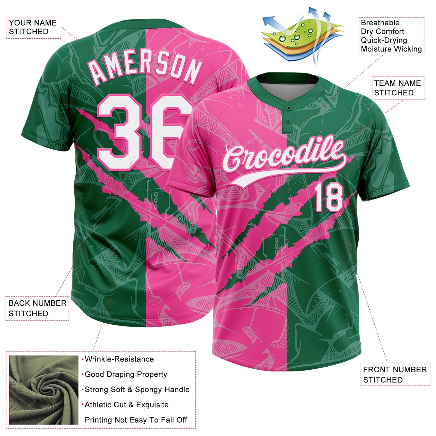 Custom Graffiti Pattern White Kelly Green-Pink 3D Scratch Two-Button Unisex Softball Jersey view 3