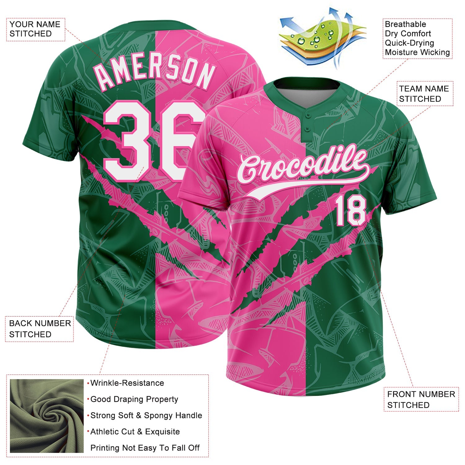 Custom Graffiti Pattern White Kelly Green-Pink 3D Scratch Two-Button Unisex Softball Jersey view 3