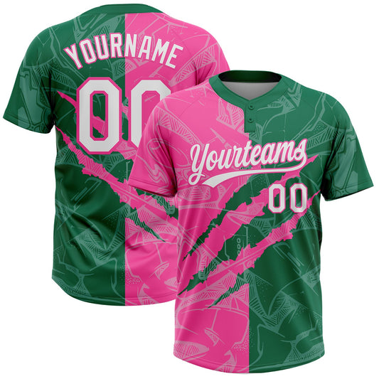 Custom Graffiti Pattern White Kelly Green-Pink 3D Scratch Two-Button Unisex Softball Jersey - Main View