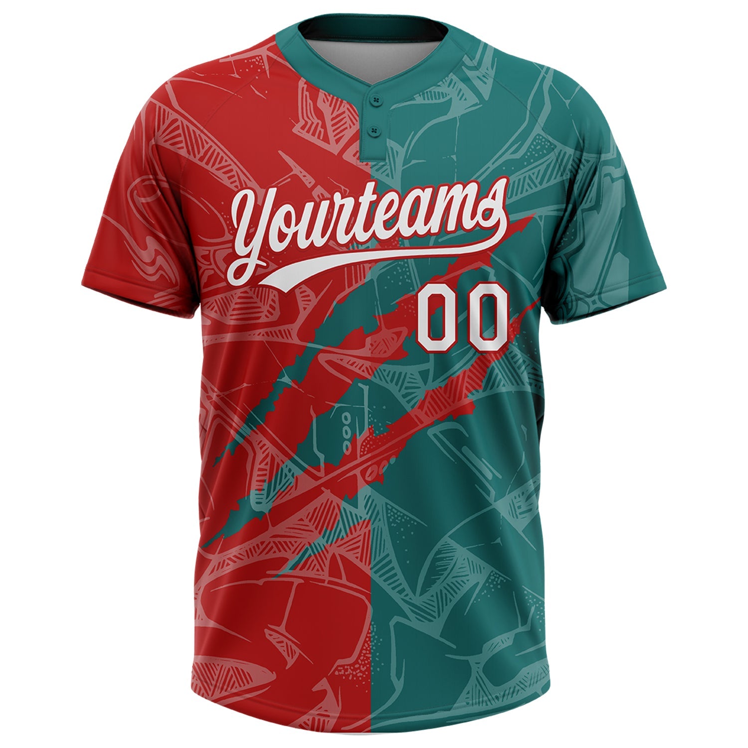 Custom Graffiti Pattern White Teal-Red 3D Scratch Two-Button Unisex Softball Jersey view 2