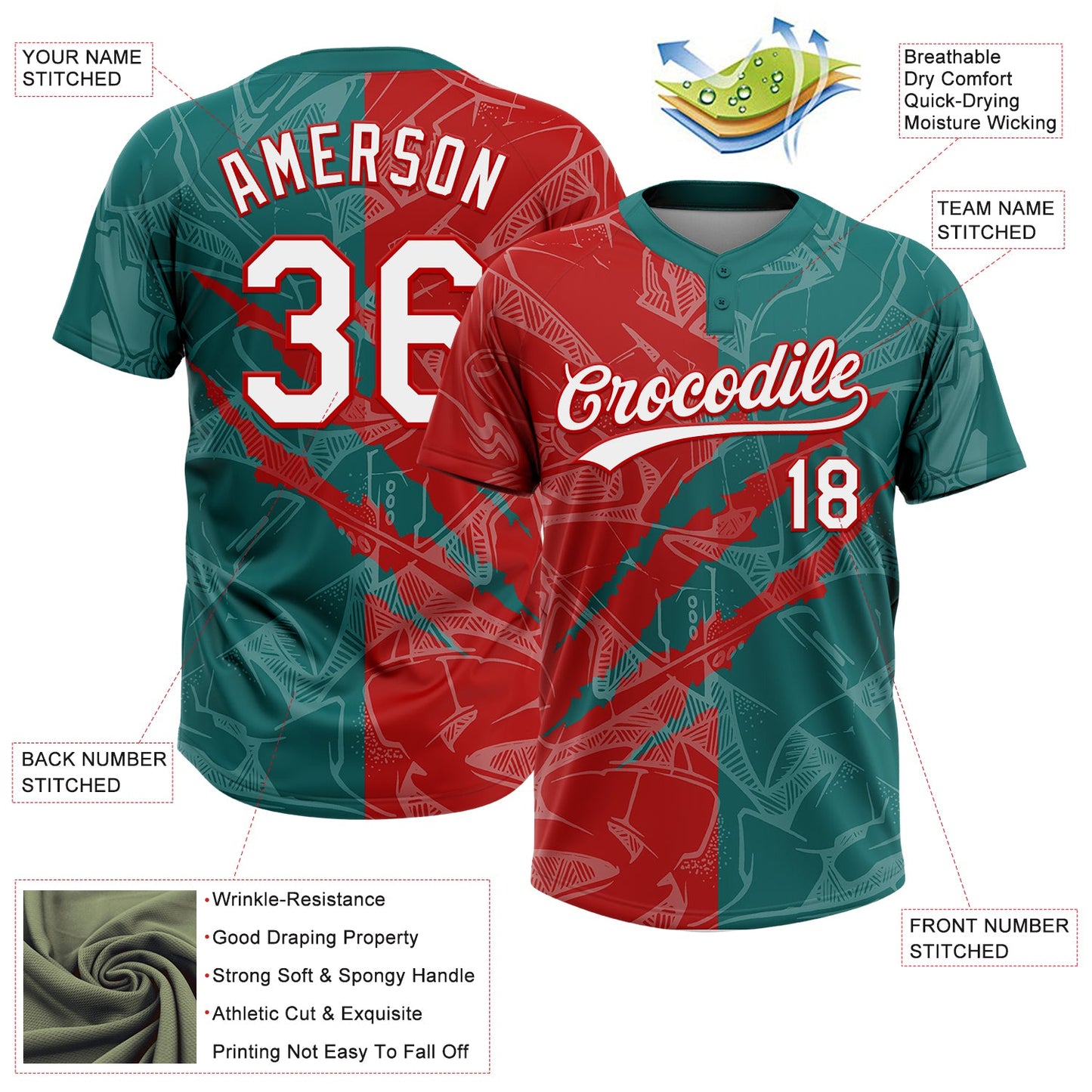 Custom Graffiti Pattern White Teal-Red 3D Scratch Two-Button Unisex Softball Jersey view 3