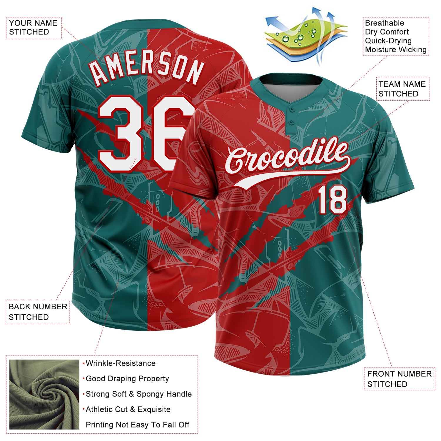 Custom Graffiti Pattern White Teal-Red 3D Scratch Two-Button Unisex Softball Jersey view 3