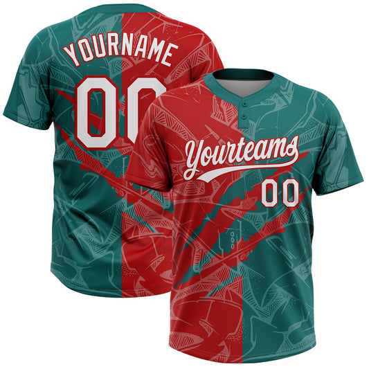 Custom Graffiti Pattern White Teal-Red 3D Scratch Two-Button Unisex Softball Jersey - Main View