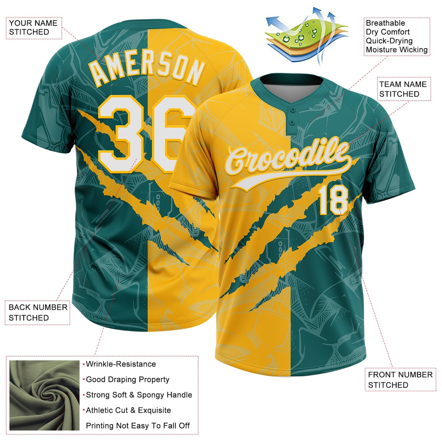 Custom Graffiti Pattern White Teal-Gold 3D Scratch Two-Button Unisex Softball Jersey view 3