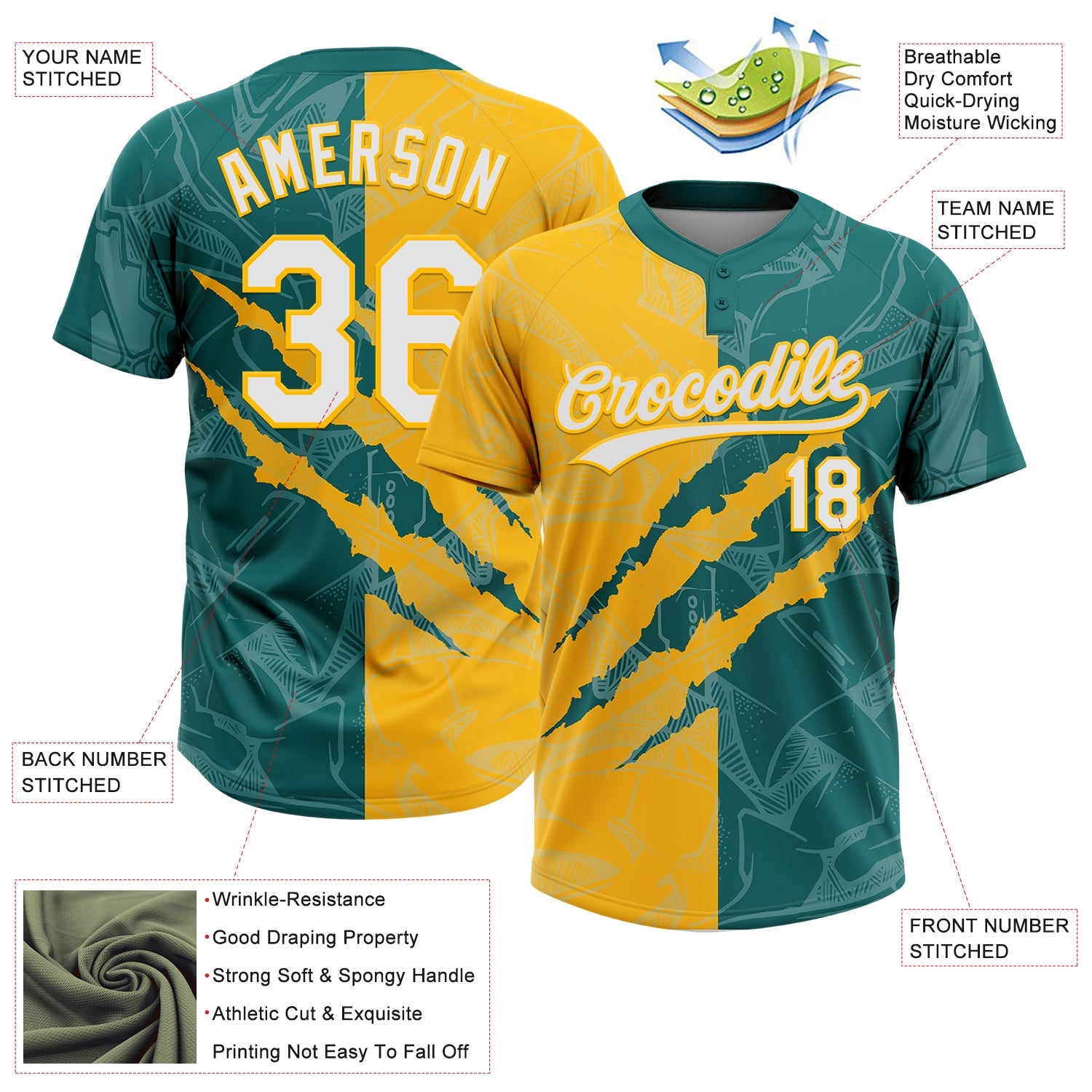Custom Graffiti Pattern White Teal-Gold 3D Scratch Two-Button Unisex Softball Jersey view 3