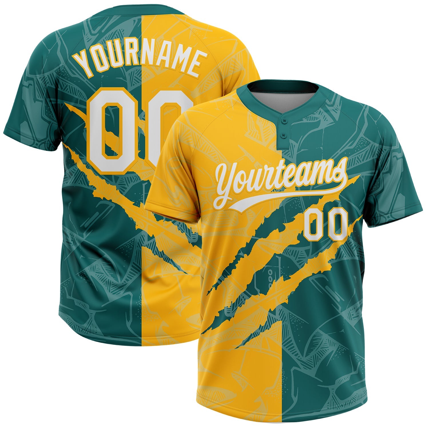 Custom Graffiti Pattern White Teal-Gold 3D Scratch Two-Button Unisex Softball Jersey - Main View